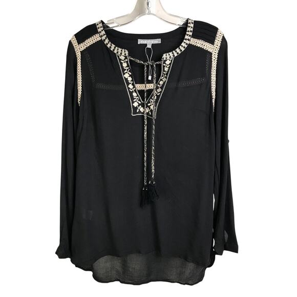 Daniel Rainn Top Sz Small Black Boho Trim Collared Tassel Front NWT - Picture 1 of 8